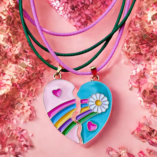 Colliers d'Amitié Cœur Asymétrique Arc-en-Ciel 🌸 Rose et Turquoise