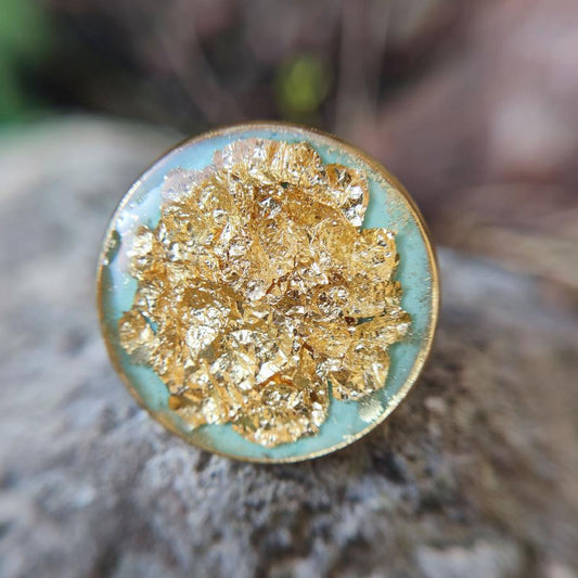 Bague Femme Art Déco XXL Ronde| Vert Céladon Feuille d'Or 
