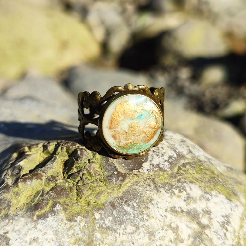 Bague Art Nouveau Laiton Vert Céladon et Cuivre Unique vue 3