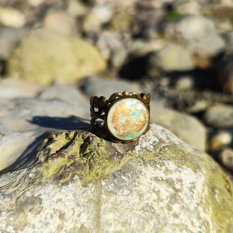 Bague Art Nouveau Laiton Vert Céladon et Cuivre Unique vue 2