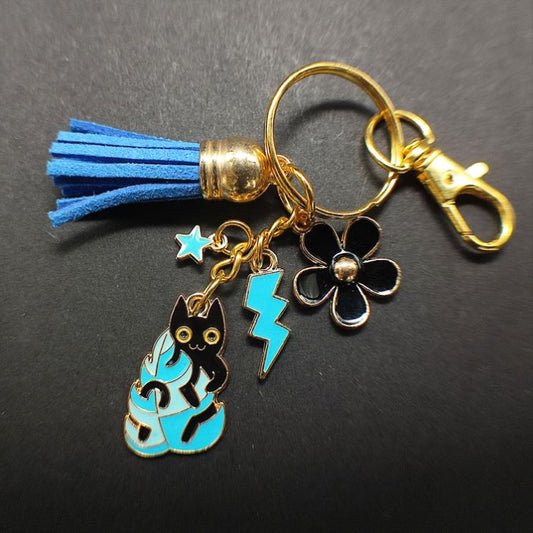 Porte-Clé "Chat Noir Caché derrière Feuille Bleue"