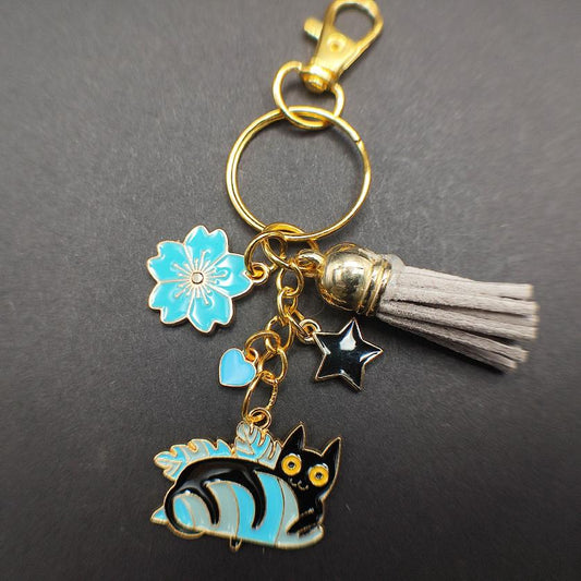 Porte-Clé "Chat Noir derrière Feuille et Fleur Sakura Bleue"