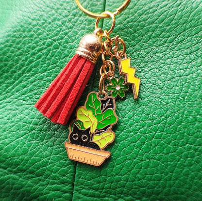 Porte-Clé Chat Noir Porte Bonheur Kawaii Plante Verte - Métal Émaillé