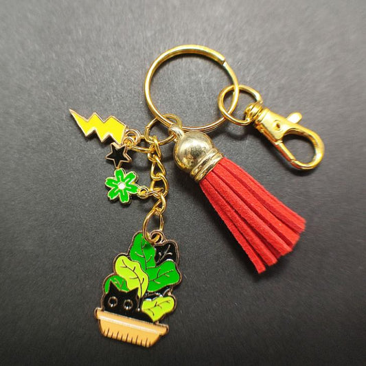 Porte-Clé Chat Noir Porte Bonheur Kawaii Plante Verte - Métal Émaillé