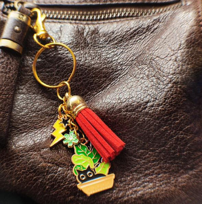 Porte-Clé Chat Noir Porte Bonheur Kawaii Plante Verte - Métal Émaillé