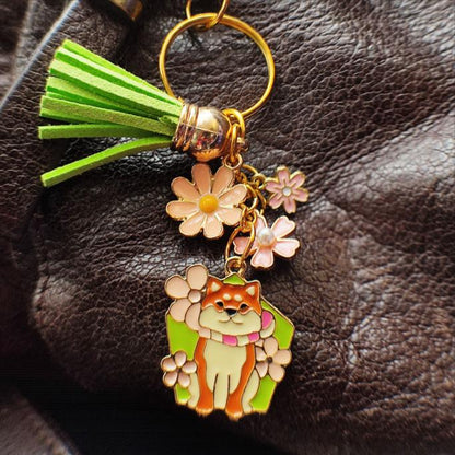 Porte-clé élégant et unique avec breloque chien Shiba marron et blanc